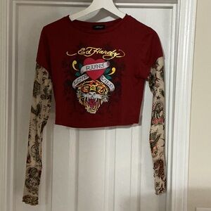 Ed Hardy Burgundy and Beige Graphic Crop Top